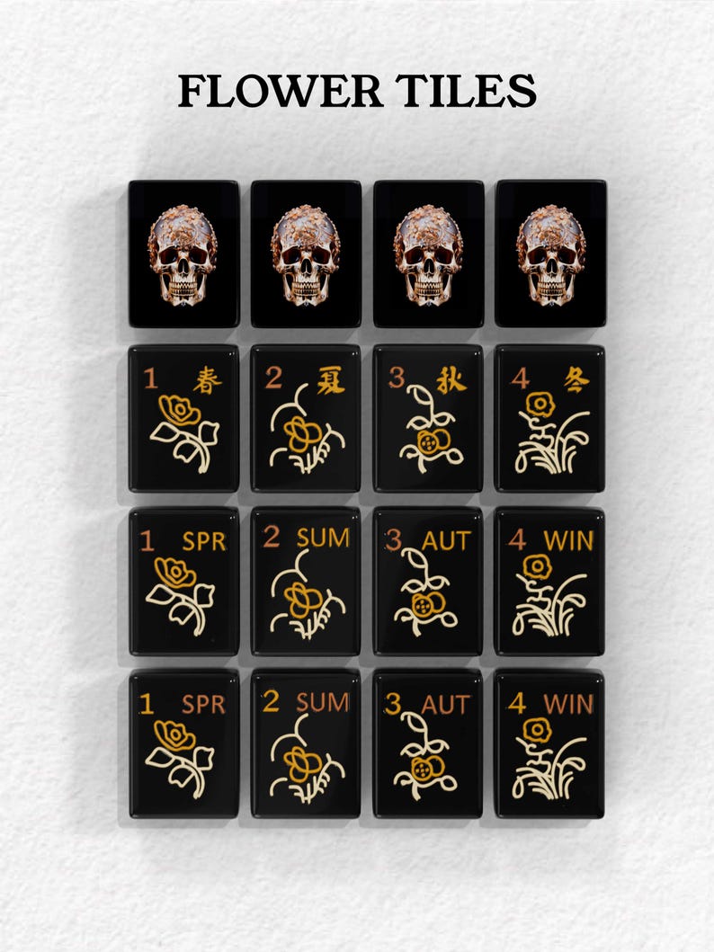 a collection of black tiles with gold designs, each tile featuring a different flower and number. The tiles are arranged in a grid pattern, with four rows and three columns.