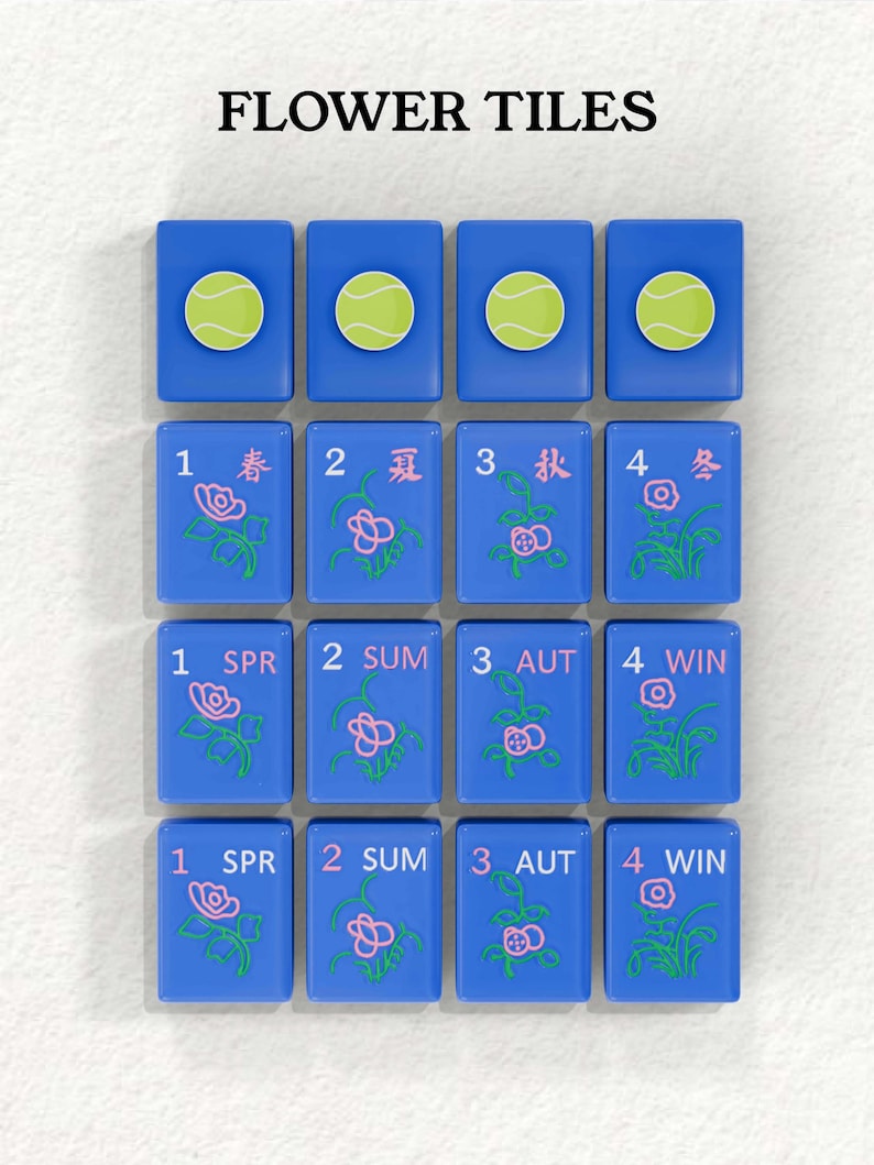 a collection of blue tiles with various floral designs and tennis ball images on them.