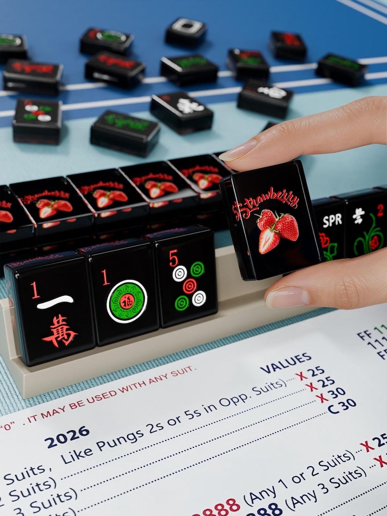 a hand holding a black tile with a strawberry design, surrounded by a collection of black tiles with red and green designs, all placed on a blue surface.