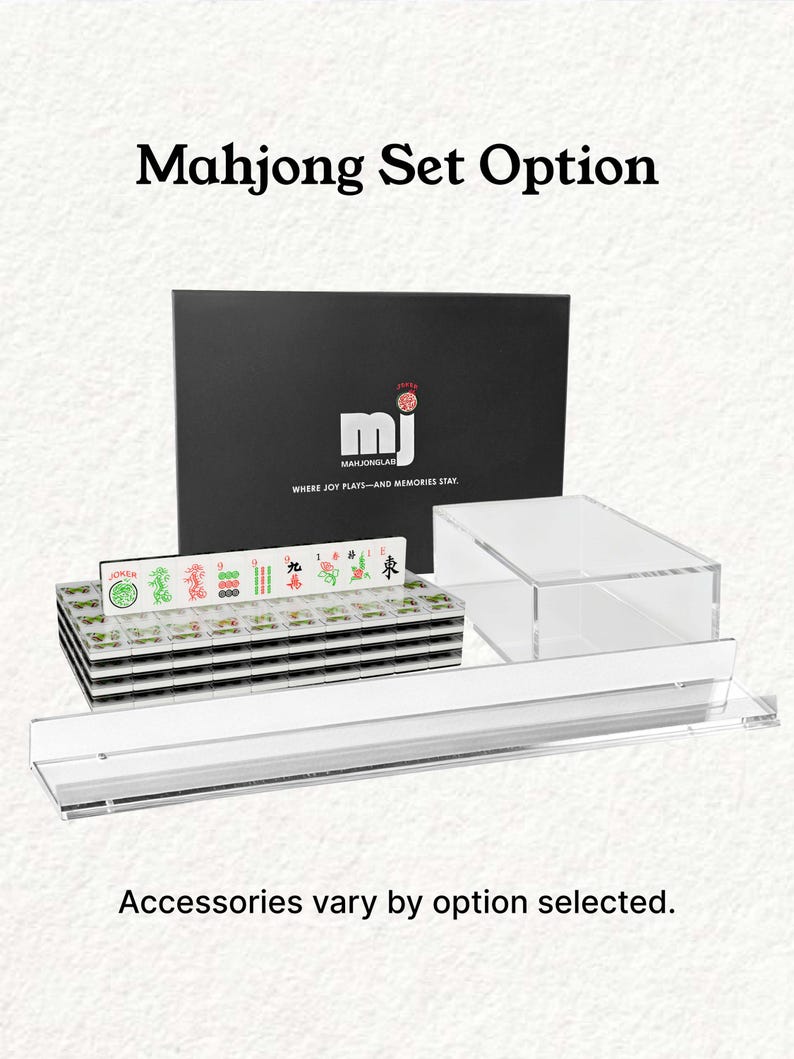 a set of mahjong tiles and a clear plastic tray, with the text "Mahjong Set Option" and "Accessories vary by option selected."