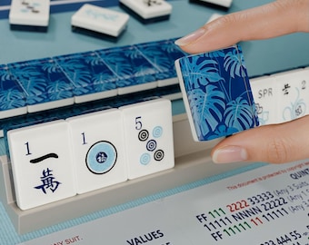 Fichas de Mahjong Tropicales Monstera Azul, Juego de Fichas de Mahjong Americanas de 166 Piezas Tamaño Estándar, Resina Brillante Regalo para Juegos