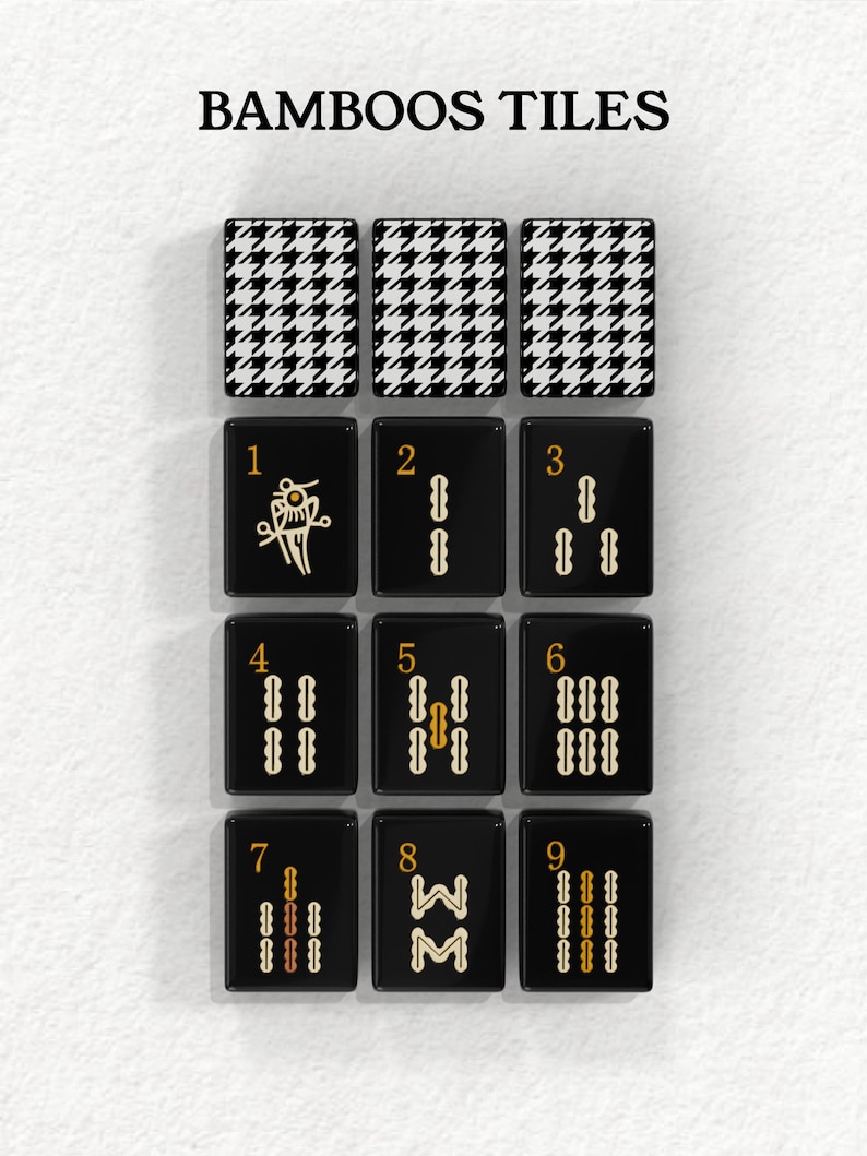 nine black tiles with various designs and numbers, arranged in a grid-like pattern.