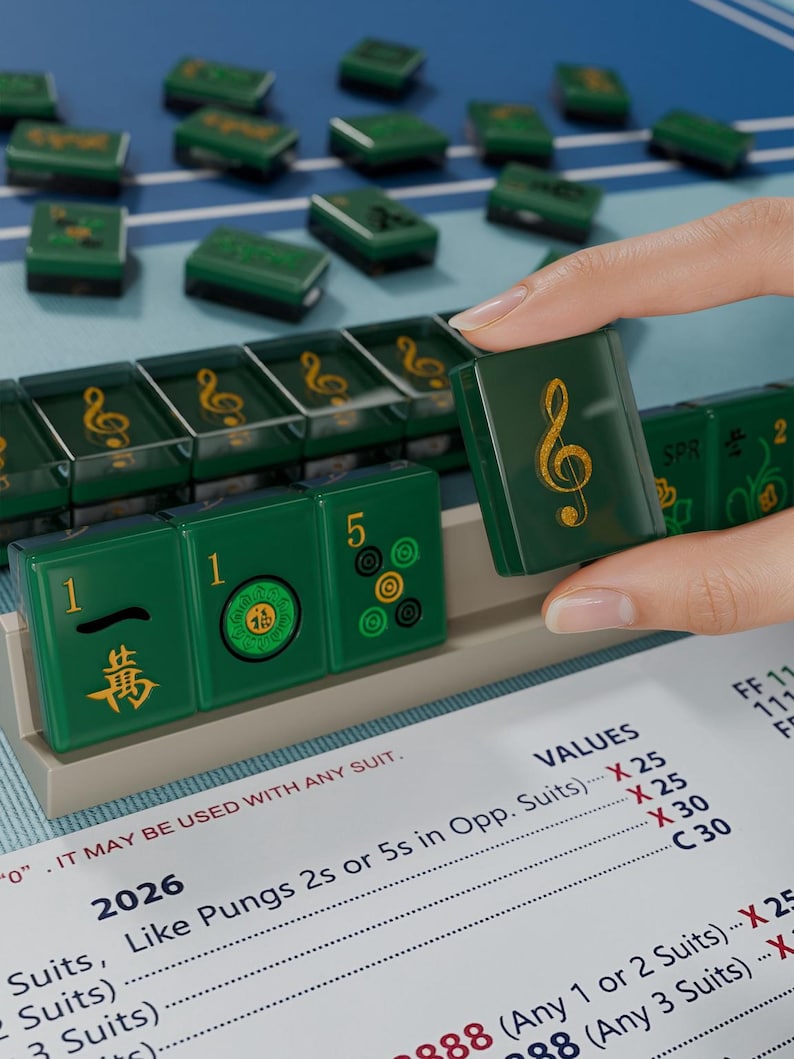 A hand is holding a green tile with a musical note symbol on it, in front of a collection of green tiles on a blue surface.