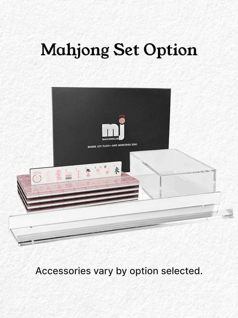 a set of Mah Jongg tiles and a clear plastic tray, with the text "Mahjong Set Option" and "Accessories vary by option selected."