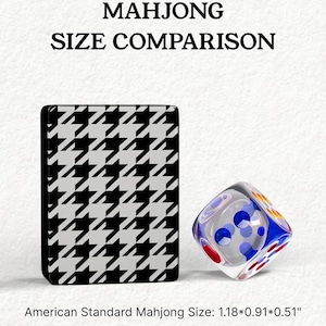 The image is a comparison of the size of a Mah Jongg card and a dice, with the card being larger than the dice.