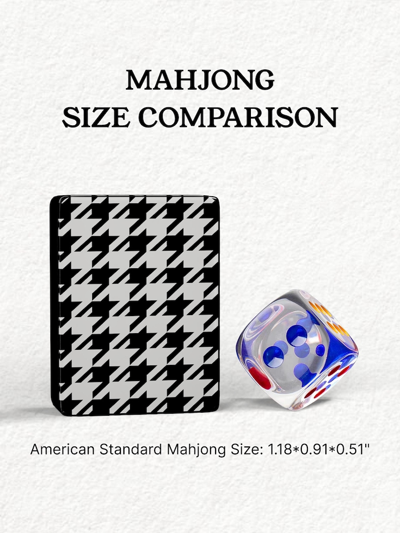 The image is a comparison of the size of a Mah Jongg card and a dice, with the card being larger than the dice.