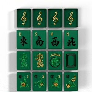a collection of 16 square tiles, each featuring a different symbol or character on a green background. The tiles are arranged in a grid pattern, with four tiles on the top row, four tiles on the middle row, and four tiles on the bottom row. The tiles display various symbols and characters, including musical notes, dragons, and the word "JOKER".