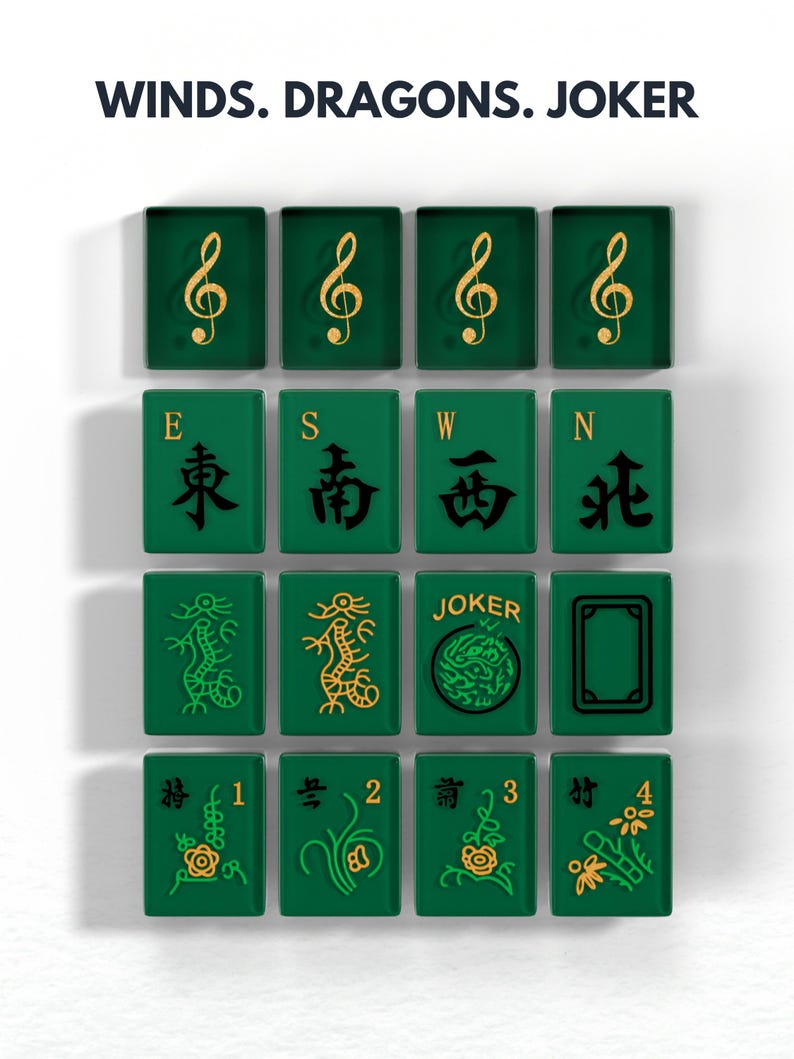 a collection of 16 square tiles, each featuring a different symbol or character on a green background. The tiles are arranged in a grid pattern, with four tiles on the top row, four tiles on the middle row, and four tiles on the bottom row. The tiles display various symbols and characters, including musical notes, dragons, and the word "JOKER".