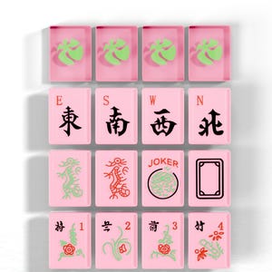 The image is a collage of various pink tiles, each containing different symbols and text, arranged in a grid-like pattern.