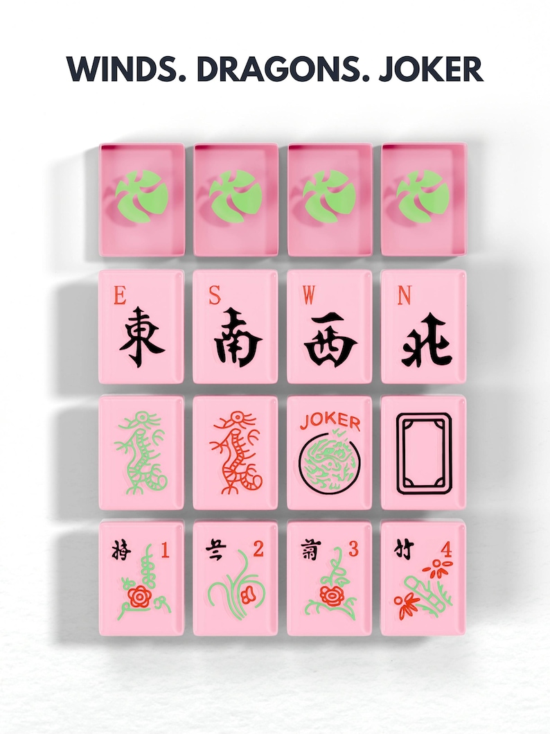 The image is a collage of various pink tiles, each containing different symbols and text, arranged in a grid-like pattern.