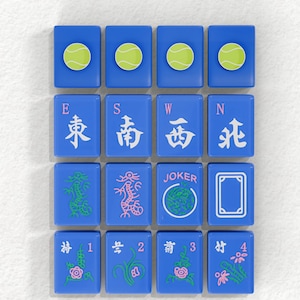 a collection of blue tiles with various symbols and text, including tennis balls, dragons, and the word "JOKER".