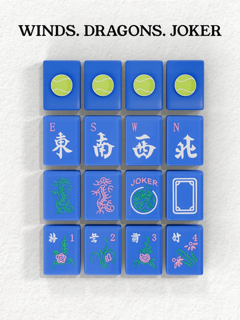 a collection of blue tiles with various symbols and text, including tennis balls, dragons, and the word "JOKER".