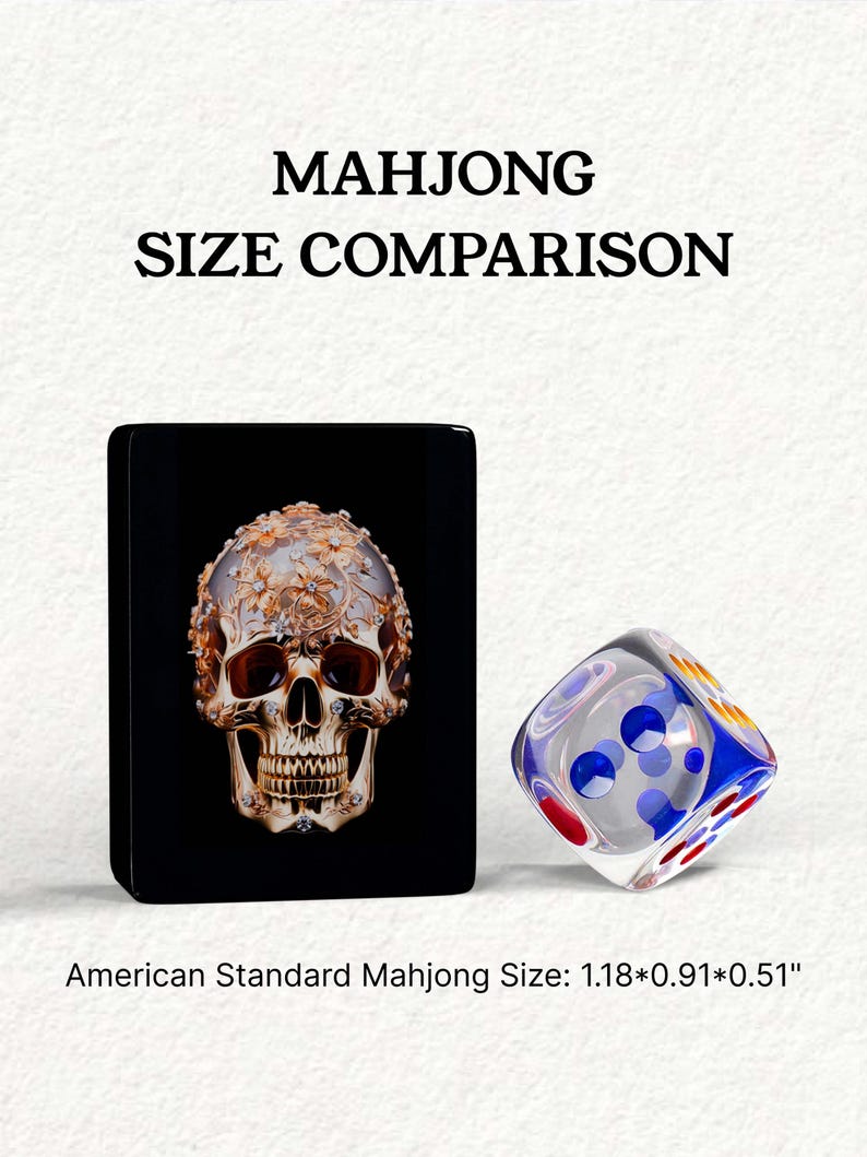 The image is a comparison of the size of a Mah Jong tile and a dice, with the Mah Jong tile being larger than the dice.