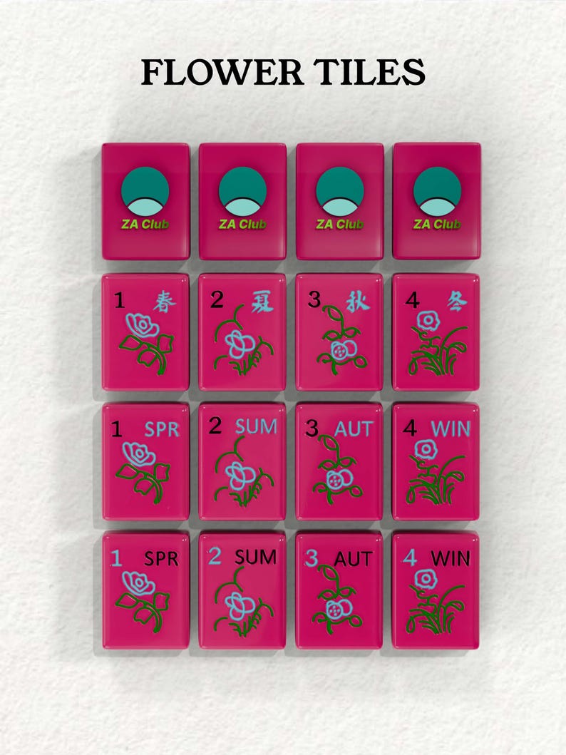 a collection of pink tiles with various floral designs and numbers, likely representing a game board or tiles for a game.