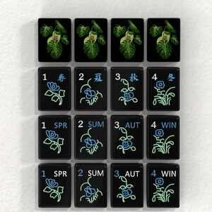a collection of black tiles with various floral designs and numbers on them, arranged in a grid-like pattern.