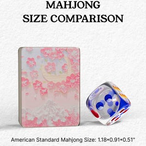 The image is a comparison of the size of a Mah Jong tile and a dice, with the tile being larger than the dice.