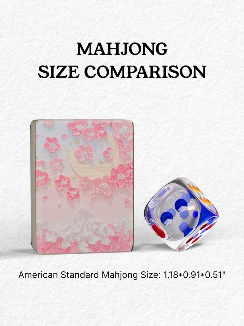 The image is a comparison of the size of a Mah Jong tile and a dice, with the tile being larger than the dice.