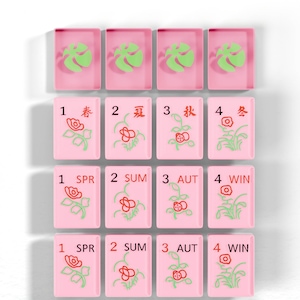 a collection of pink tiles with various floral designs and numbers, likely representing a game board or tiles for a game.