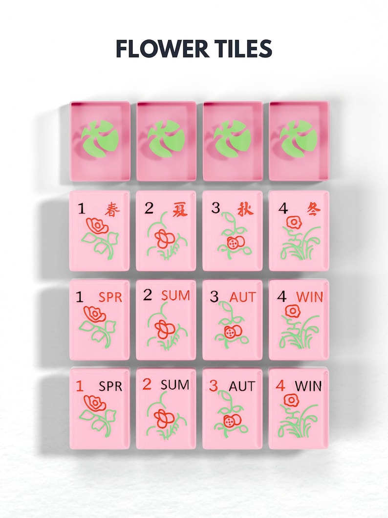 a collection of pink tiles with various floral designs and numbers, likely representing a game board or tiles for a game.