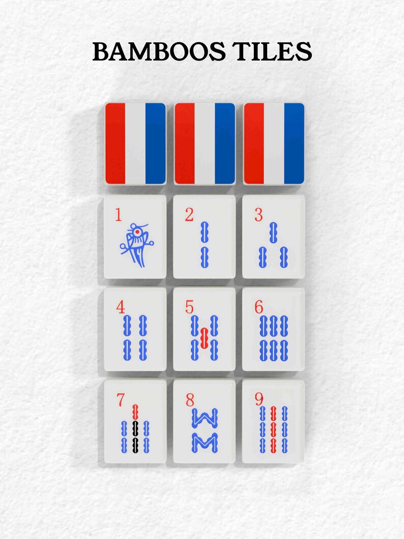 a collection of BAMBOOS TILES, which are a type of Chinese tile game. The tiles are arranged in a grid pattern, with each tile displaying a unique design or symbol. The tiles are white and are set against a plain white background. The text "BAMBOOS TILES" is prominently displayed at the top of the image.