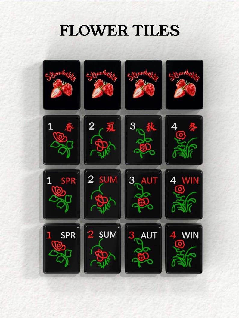 a collection of black tiles with red and green designs, each tile featuring a different flower or plant. The tiles are arranged in a grid pattern, with four rows and three columns.