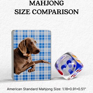 The image is a Mah Jongg-themed advertisement featuring a dog on a blue and white checkered background and a glass dice with colorful dots on a white background.