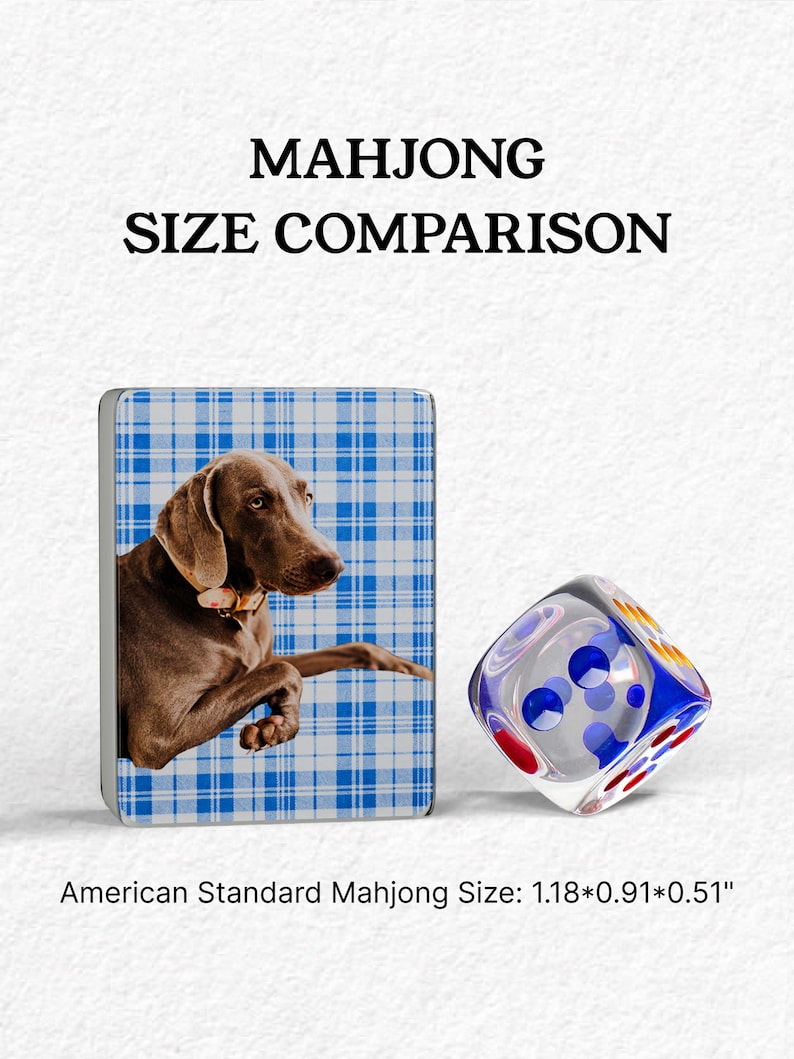 The image is a Mah Jongg-themed advertisement featuring a dog on a blue and white checkered background and a glass dice with colorful dots on a white background.
