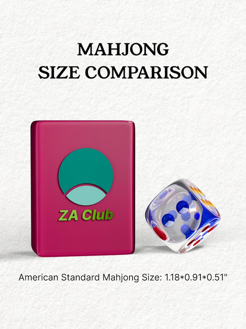 The image is a comparison of the size of a Mah Jong Club card and a dice. The card is pink and has a green and blue logo, while the dice is clear and has a blue and white pattern. The text above the card and the dice states "Mahjong Size Comparison" and "American Standard Mahjong Size: 1.18*0.91*0.51*", indicating the size comparison between the card and the dice.