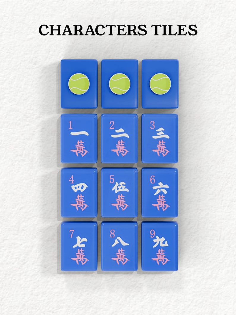 a collection of blue tiles with tennis balls and numbers on them, arranged in a grid pattern.