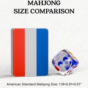 The image is a comparison of the size of a Mah Jong tile and a dice, with the Mah Jong tile being 1.18 inches (0.91*0.51) and the dice being 1.18 inches (0.91*0.51).