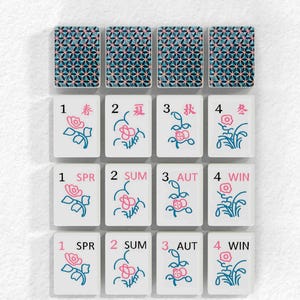 The image is a collection of flower tiles, each with a unique design and color pattern. The tiles are arranged in a grid format, with four rows and three columns. The tiles are labeled with numbers and words, indicating their roles in a game or a creative project.
