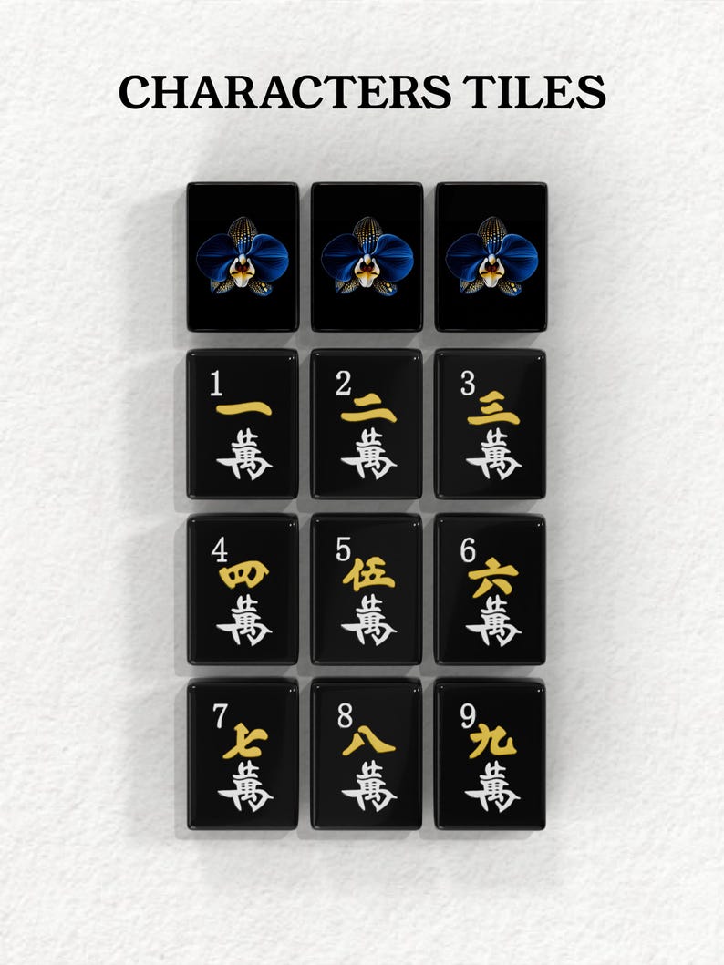 a collection of black tiles with various characters and numbers on them, arranged in a grid pattern.