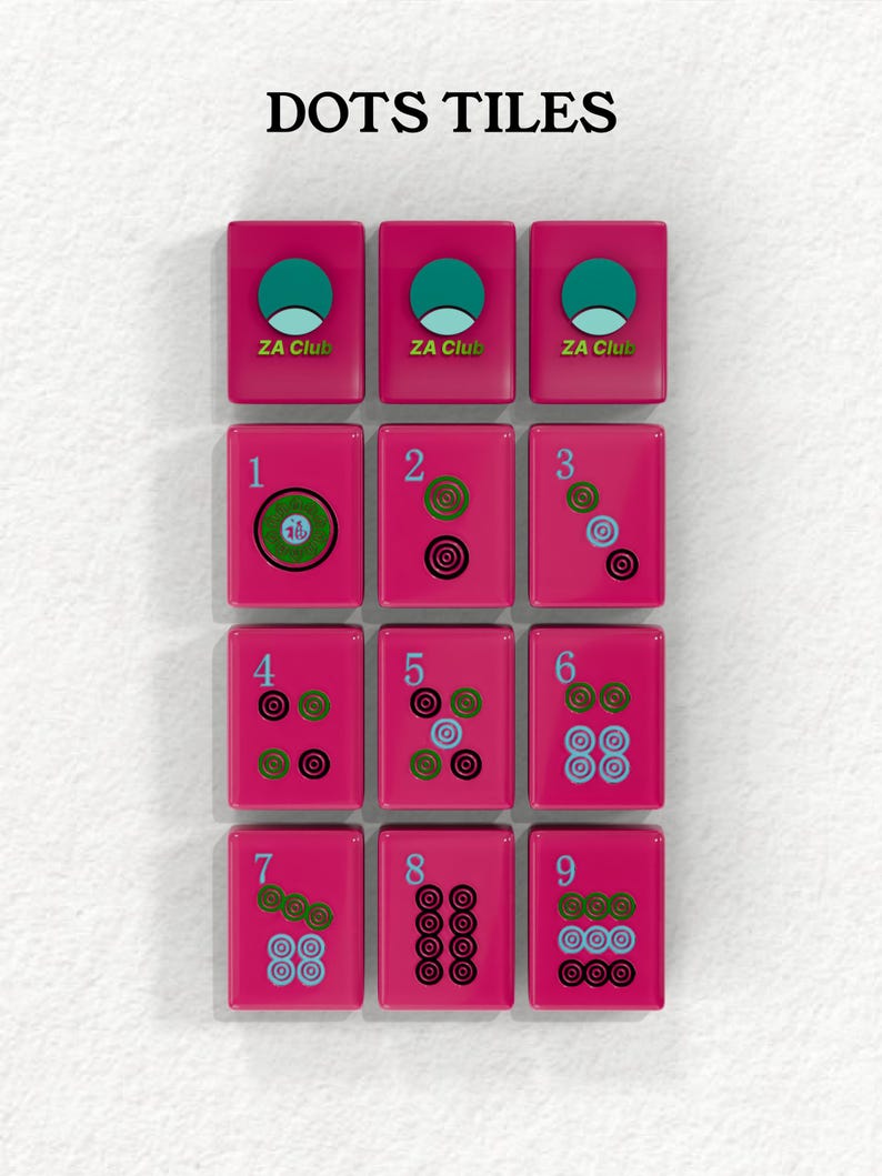 a collection of pink tiles with various designs and numbers, arranged in a grid-like pattern.