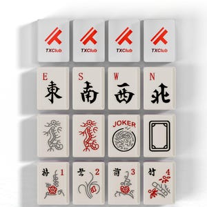 The image is a collage of various tiles, each featuring different symbols and text, including the words 'Winds, Dragons, Joker' and 'TXClub'.