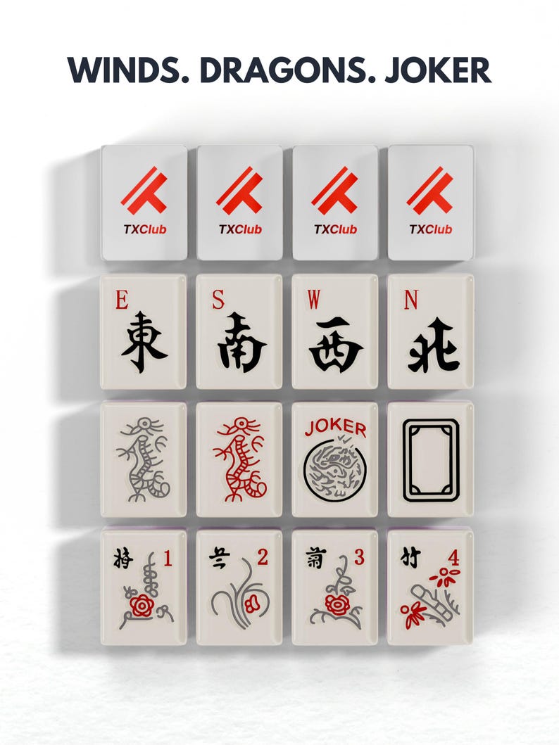 The image is a collage of various tiles, each featuring different symbols and text, including the words 'Winds, Dragons, Joker' and 'TXClub'.