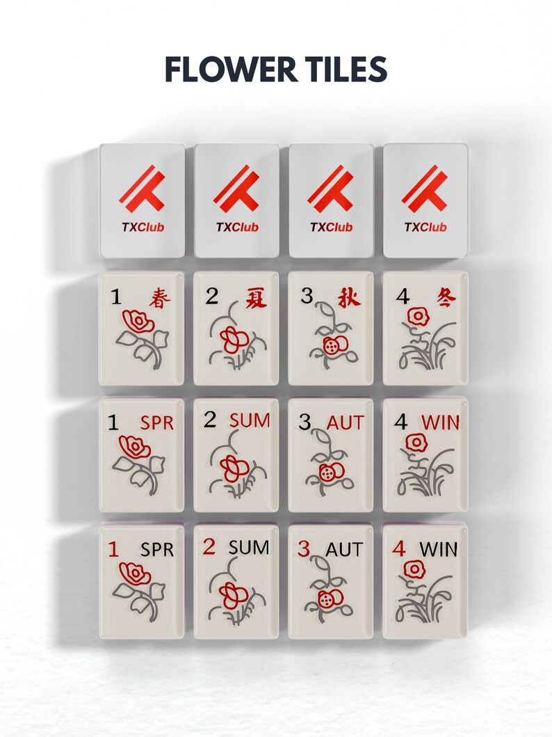 a collection of tiles, each with a different design and text, arranged in a grid pattern.