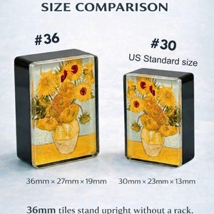 two rectangular objects, each with a picture of a vase filled with yellow flowers, and provides size comparison information.