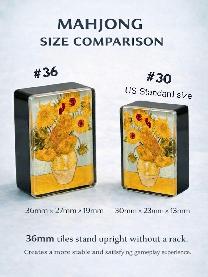 two rectangular objects, each with a picture of a vase filled with yellow flowers, and provides size comparison information.