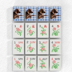 The image is a collage of 12 tiles, each depicting a different flower tile with a dog in the background. The tiles are arranged in a grid pattern, with each tile featuring a unique flower design and a dog. The tiles are labeled with numbers 1 through 4, indicating the order in which they appear in the collage.
