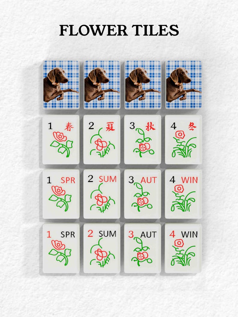 The image is a collage of 12 tiles, each depicting a different flower tile with a dog in the background. The tiles are arranged in a grid pattern, with each tile featuring a unique flower design and a dog. The tiles are labeled with numbers 1 through 4, indicating the order in which they appear in the collage.