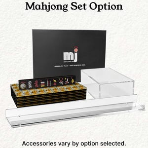 a set of mahjong tiles and a clear plastic case, with the text "Mahjong Set Option" and "Accessories vary by option selected."