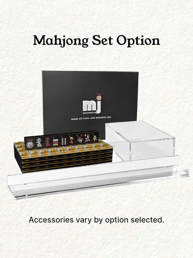 a set of mahjong tiles and a clear plastic case, with the text "Mahjong Set Option" and "Accessories vary by option selected."