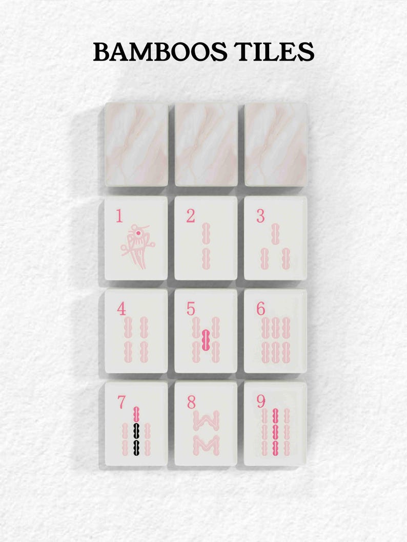 a grid of nine tiles, each with a unique design or pattern, arranged in a 3x3 grid. The tiles are white and have a pink or beige color scheme. The text "BAMBOOS TILES" is displayed above the tiles.