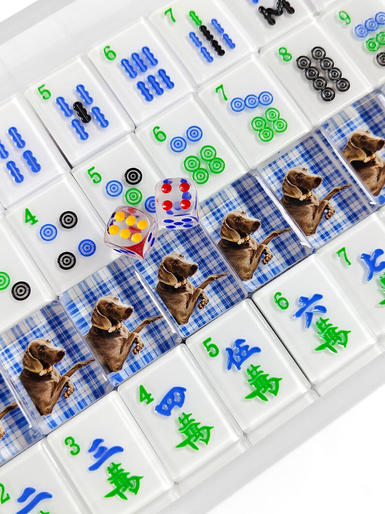 a collection of colorful tiles arranged in rows and columns, each featuring a dog image and numbers. The tiles are arranged in a grid-like pattern, creating a visually appealing and organized display.