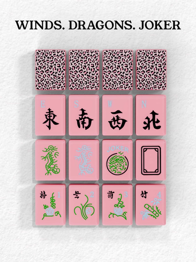 The image is a collage of various pink and green tiles, each featuring different Chinese characters and symbols, such as winds, dragons, and the Joker.