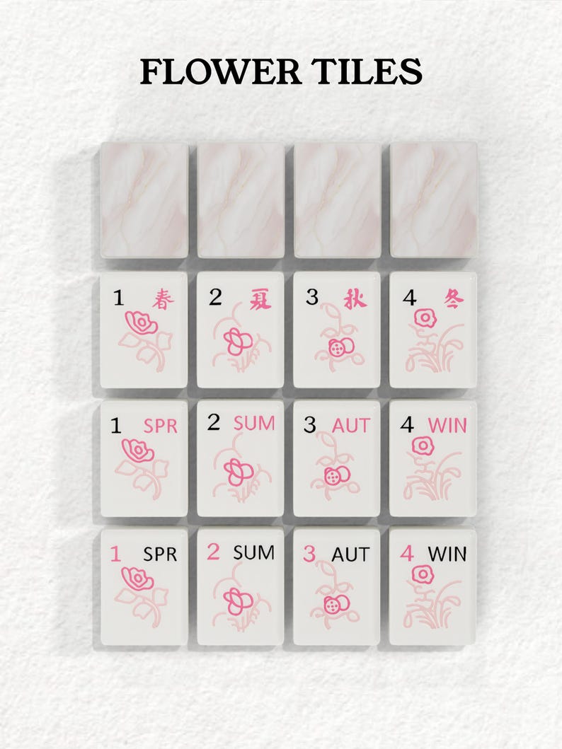 a collection of tiles, each with a different flower design and number, arranged in a grid pattern.