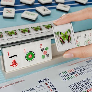 A hand is holding a tile with a butterfly design, while a table with a blue surface displays a collection of tiles and a price list.