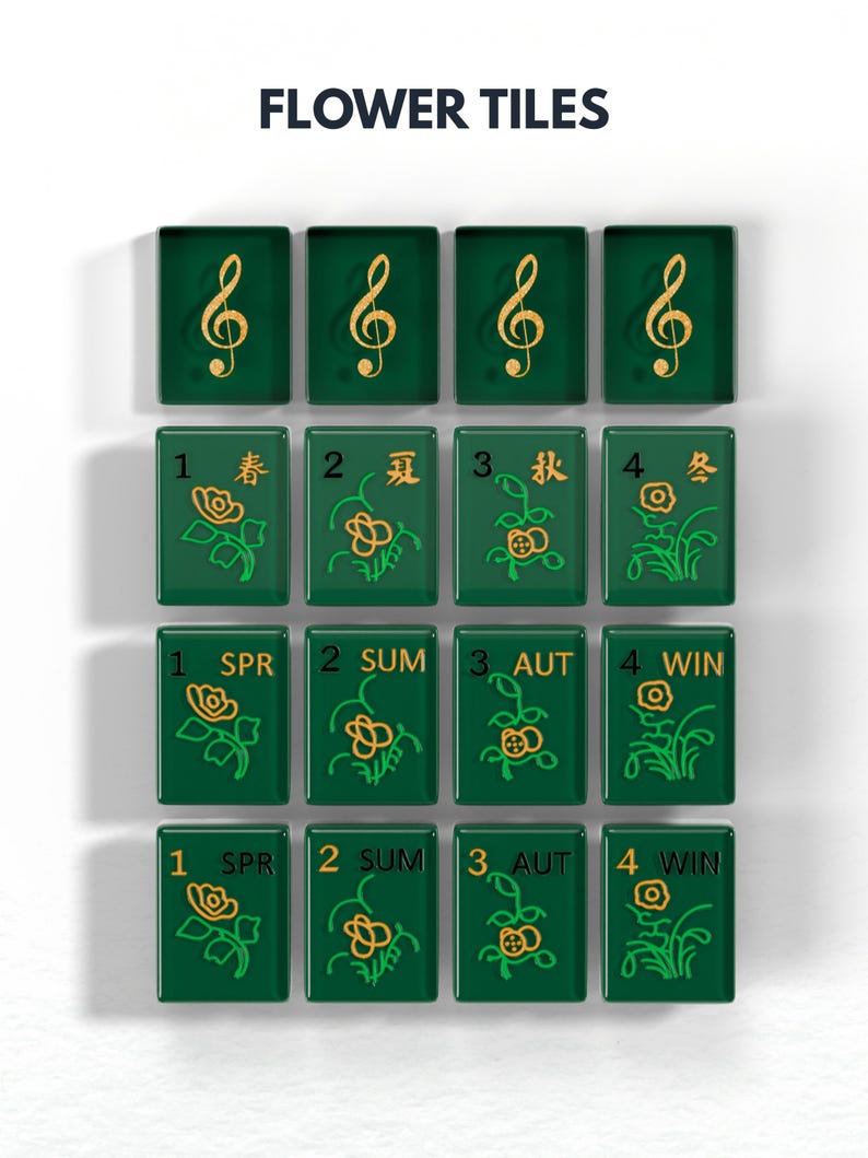 a collection of green tiles with musical notes and flowers on them, arranged in a grid pattern.