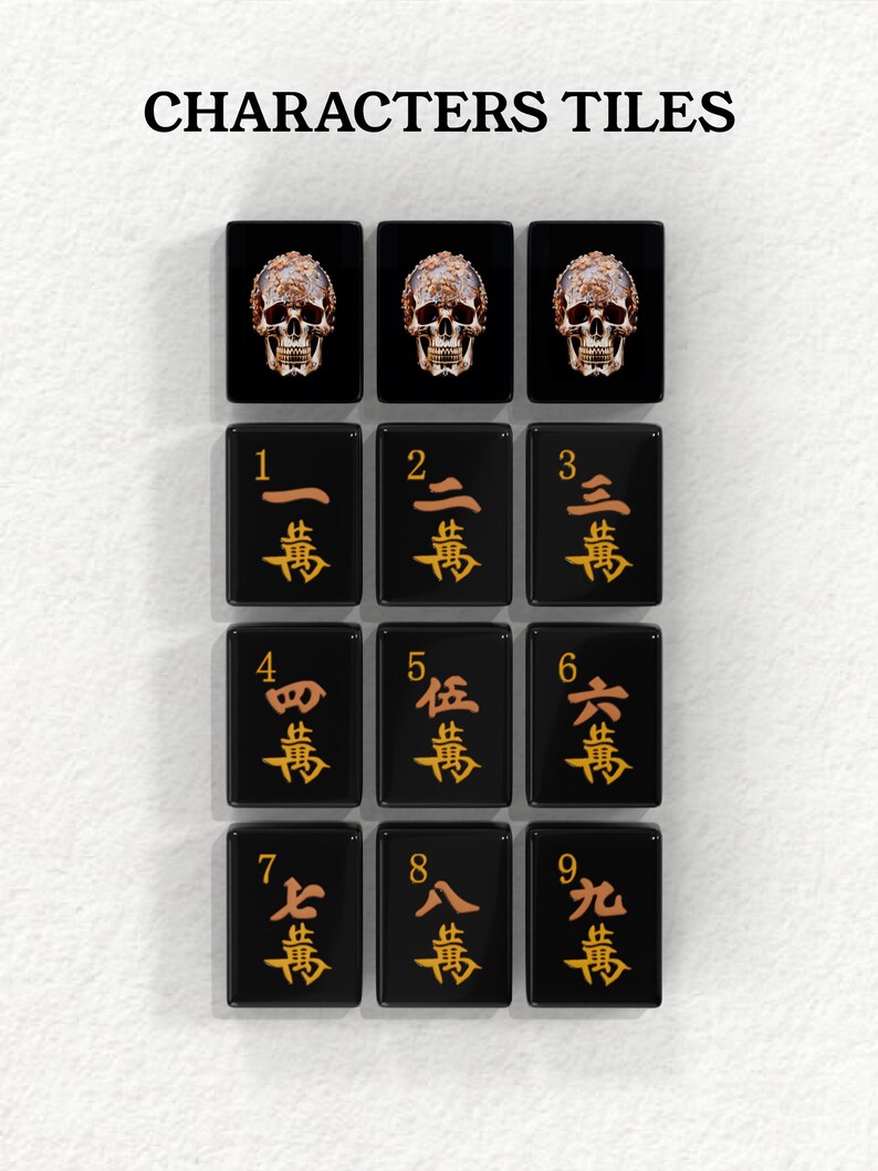 a grid of black tiles with gold characters and numbers, arranged in a 3x3 grid.