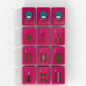 a collection of pink tiles with various designs and numbers, arranged in a grid-like pattern.